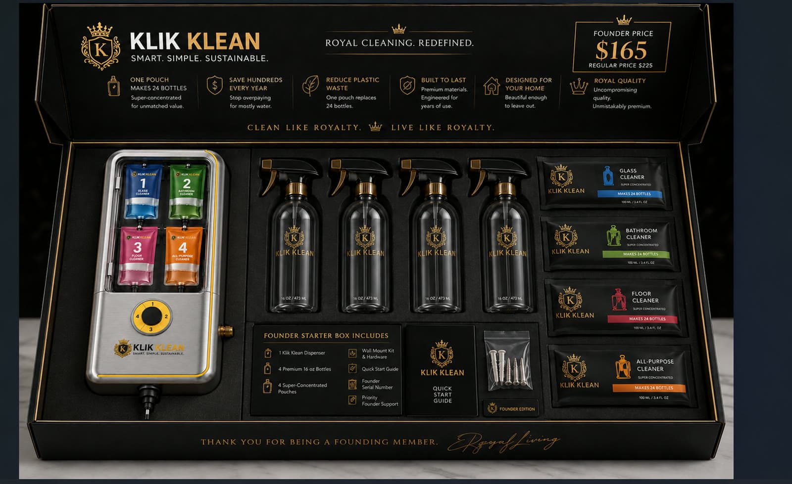 Klik Klean Founder Edition Starter Kit: dispenser with glass, bathroom, floor, and all-purpose formulas, four premium 16 oz bottles, four super-concentrated pouches, quick start guide, and $165 founder price