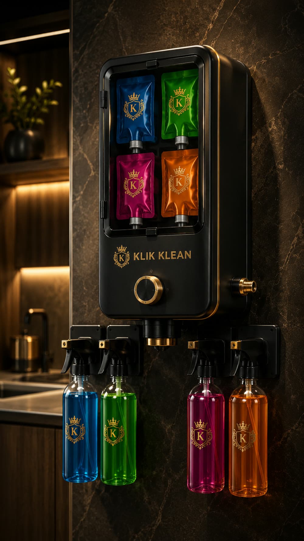 Klik Klean black dispenser with refill bottles on a dark marble kitchen wall