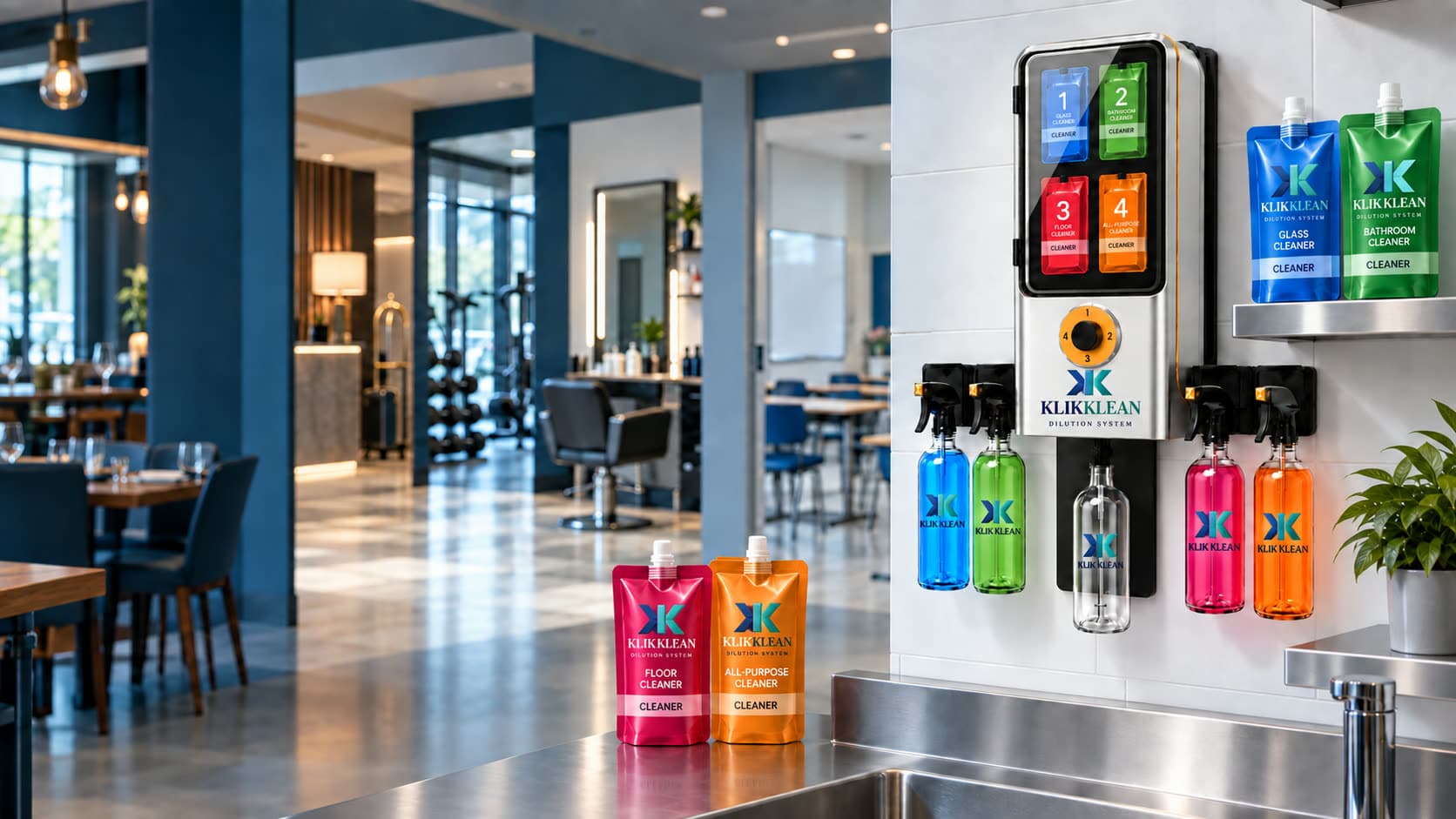 The Klik Klean commercial dispenser wall-mounted in a hospitality back-of-house area, with 4 numbered concentrate pouches behind the door, colour-coded refill pouches on the shelf and counter, and filled spray bottles on hooks either side