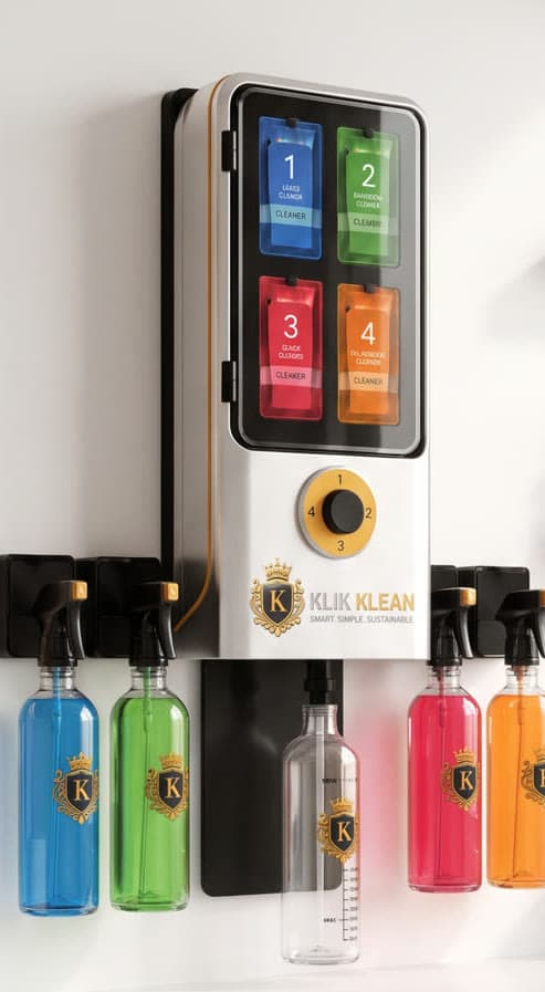 Close view of the Klik Klean commercial dispenser: 4 numbered concentrate pouches behind the door, the numbered selector dial below them, and 5 filled bottles on hooks either side