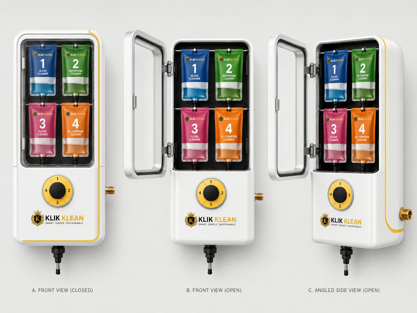 Three views of the Klik Klean commercial dispenser: front closed, front open, and an angled side view, each showing the 4 numbered concentrate pouches behind the door and the numbered selector dial