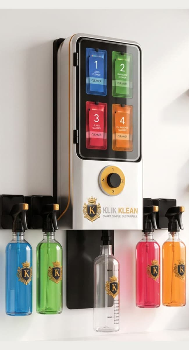 The Klik Klean Pro Commercial dispenser, straight-on: 4 numbered concentrate pouches behind the door, a selector dial, and 5 filled spray bottles on wall hooks either side